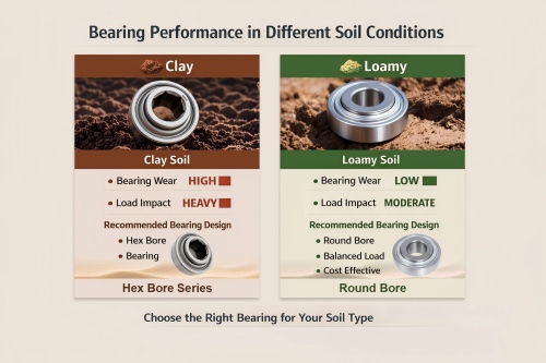 Comparison of Hex Bore, Round Bore, and Tapered Bore designs used in agricultural machinery bearings. Highlights load transfer, anti-slip properties, and applications.