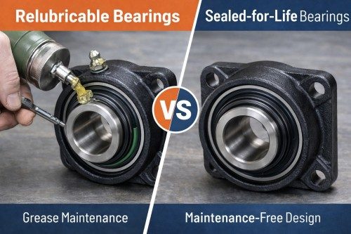 Maintenance comparison of relubricable vs sealed-for-life disc bearings showing grease maintenance versus maintenance-free design