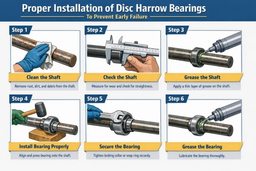 Step-by-step guide showing proper installation of disc harrow bearings to prevent early failure