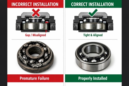 Visual comparison of incorrect vs correct bearing installation and resulting damage