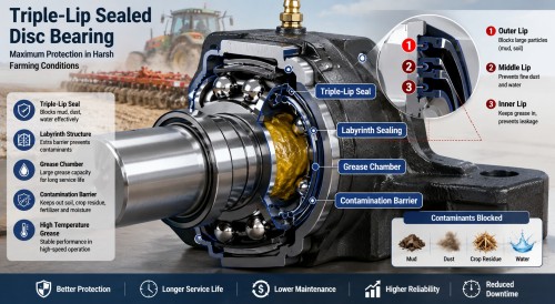 Triple-lip sealed agricultural disc bearing for severe no-tillage farming environments