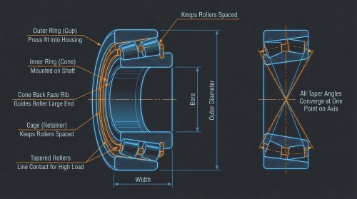 tapered roller bearing matched pair arrangement DB DF tandem installation and preload adjustment diagram